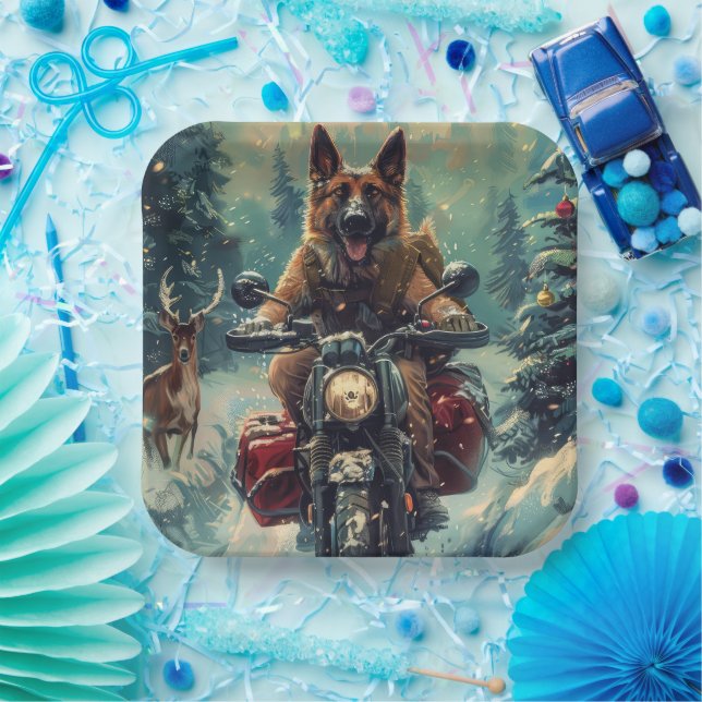 Belgischer Schäferhund Riding Motorrad Weihnachten Pappteller (Party)