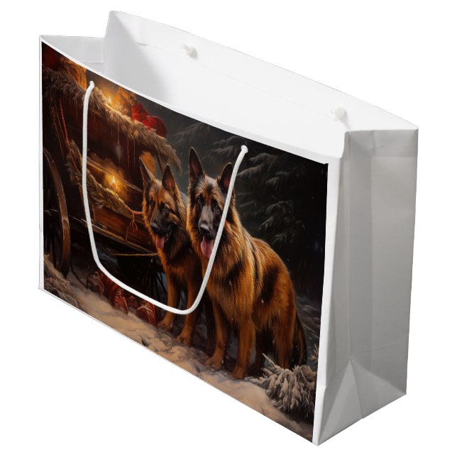 Belgischer Schäferhund Snowy Sleigh Weihnachtsdeko Große Geschenktüte (Vorderseite Schrägansicht)