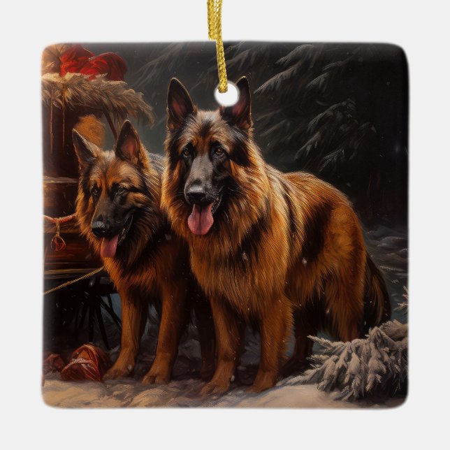 Belgischer Schäferhund Snowy Sleigh Weihnachtsdeko Keramikornament (Vorderseite)