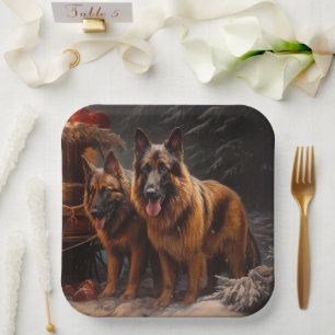 Belgischer Schäferhund Snowy Sleigh Weihnachtsdeko Pappteller