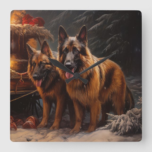 Belgischer Schäferhund Snowy Sleigh Weihnachtsdeko Quadratische Wanduhr (Vorderseite)