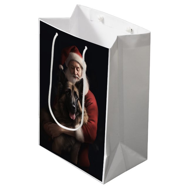 Belgischer Schäferhund Weihnachtsmann Feierliche W Mittlere Geschenktüte (Vorderseite Schrägansicht)