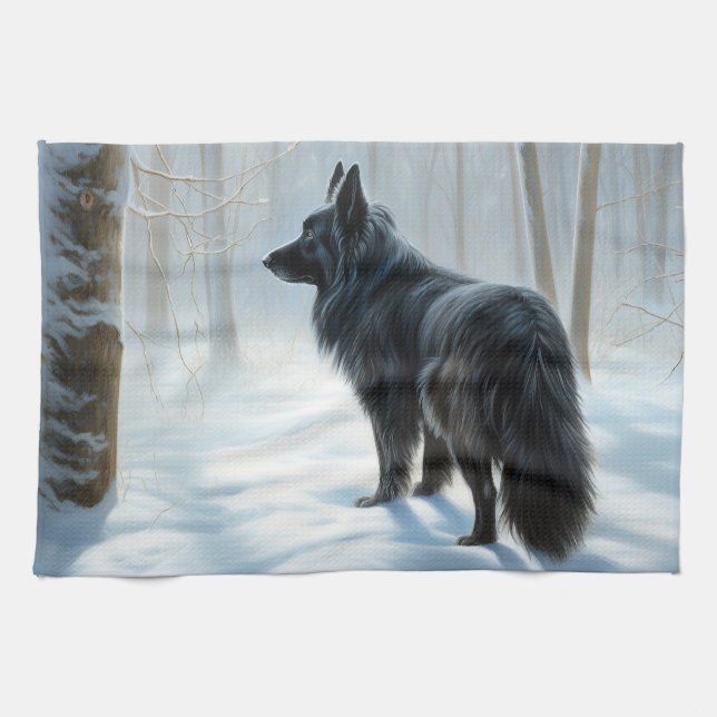 Belgischer Schafhund lässt Schnee Weihnachten Geschirrtuch (Horizontal)