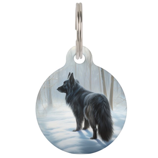 Belgischer Schafhund lässt Schnee Weihnachten Haustiermarke (Vorderseite)
