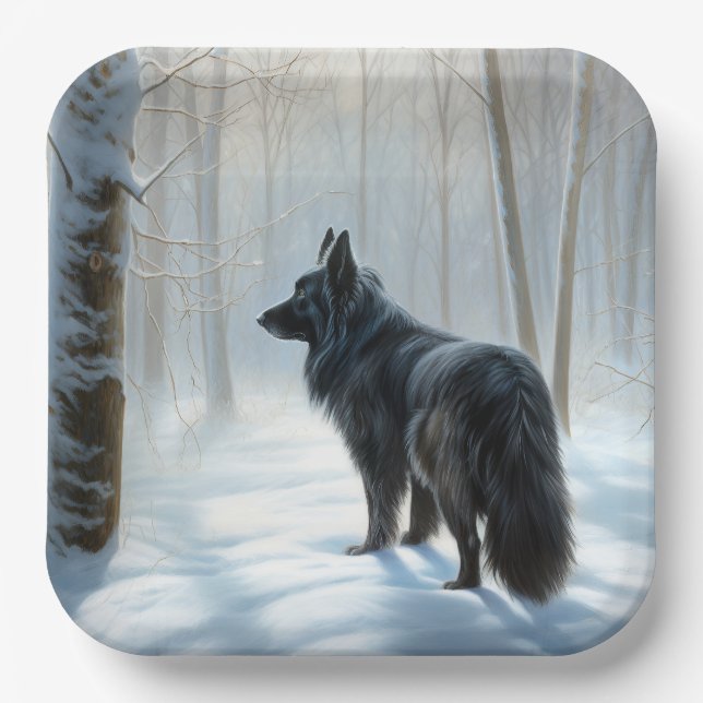 Belgischer Schafhund lässt Schnee Weihnachten Pappteller (Vorderseite)