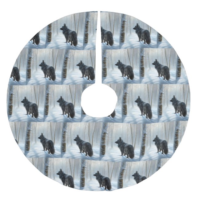 Belgischer Schafhund lässt Schnee Weihnachten Polyester Weihnachtsbaumdecke (Vorderseite)