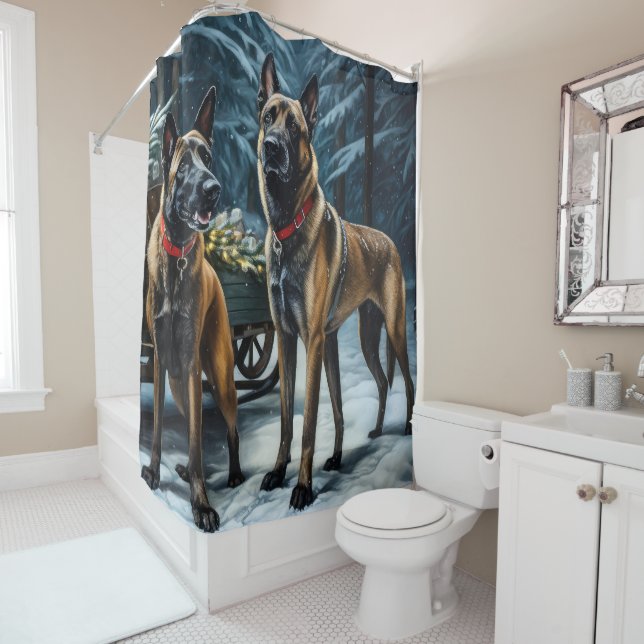 Belgisches Malinoi Snowy Sleigh Weihnachtsdekor Duschvorhang (Beispiel)