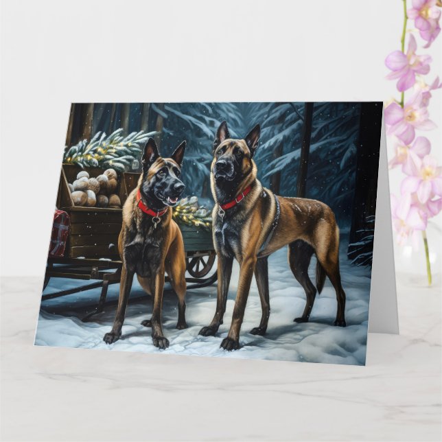 Belgisches Malinoi Snowy Sleigh Weihnachtsdekor Karte (Orchidee)