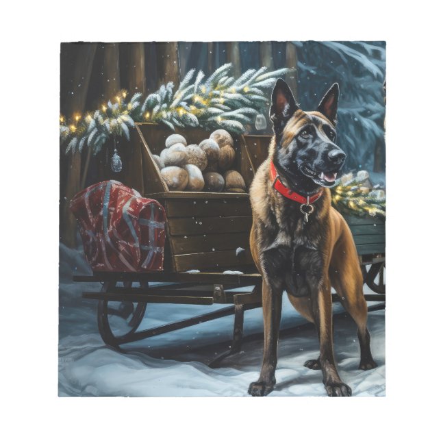 Belgisches Malinoi Snowy Sleigh Weihnachtsdekor Notizblock (Vorderseite)