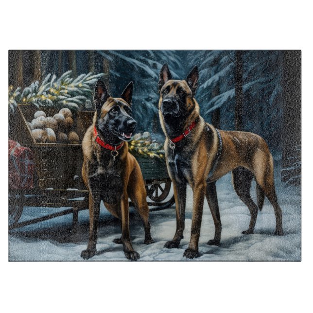 Belgisches Malinoi Snowy Sleigh Weihnachtsdekor Schneidebrett (Vorderseite)