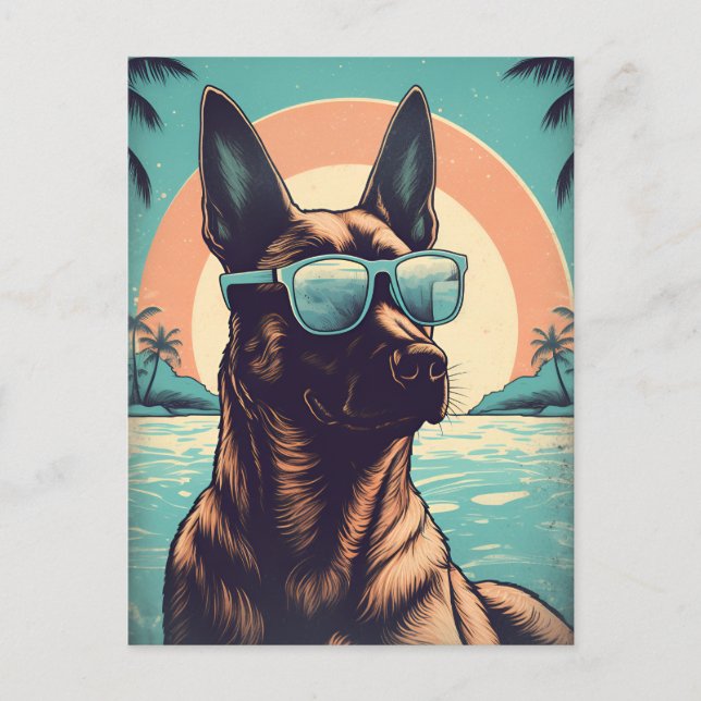 Belgisches Malinois an einem tropischen Strand bei Postkarte (Vorderseite)