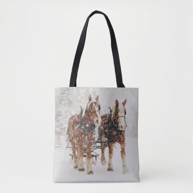 Belgisches Pferdeteam Wintery Weihnachtszene Tasche (Vorderseite)