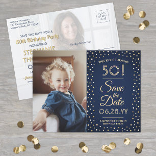 Beliebiger Geburtstag 2 Foto Navy Blau Gold Save t Einladungspostkarte