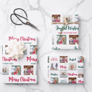 Beliebiger Text & 12 Fotos Hell Modern Frohe Weihn Geschenkpapier Set