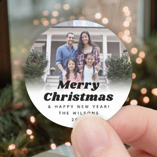 Beliebiger Text Einfaches Retro-Weihnachtsfoto Sch Runder Aufkleber