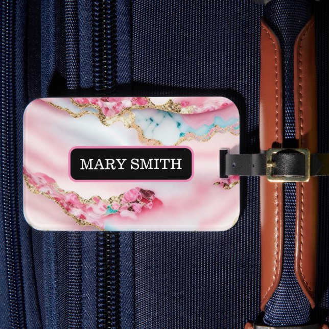 Beliebte Kollektion aus hellblaurosa Marmor Gepäckanhänger (Vorderseite Insitu 4)