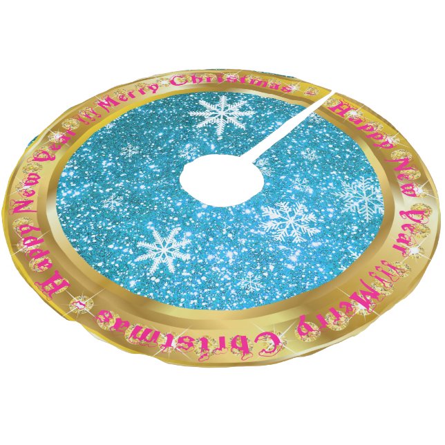 Beliebter Snowflake Gold Glitzer Blue Polyester Weihnachtsbaumdecke (Schrägansicht)
