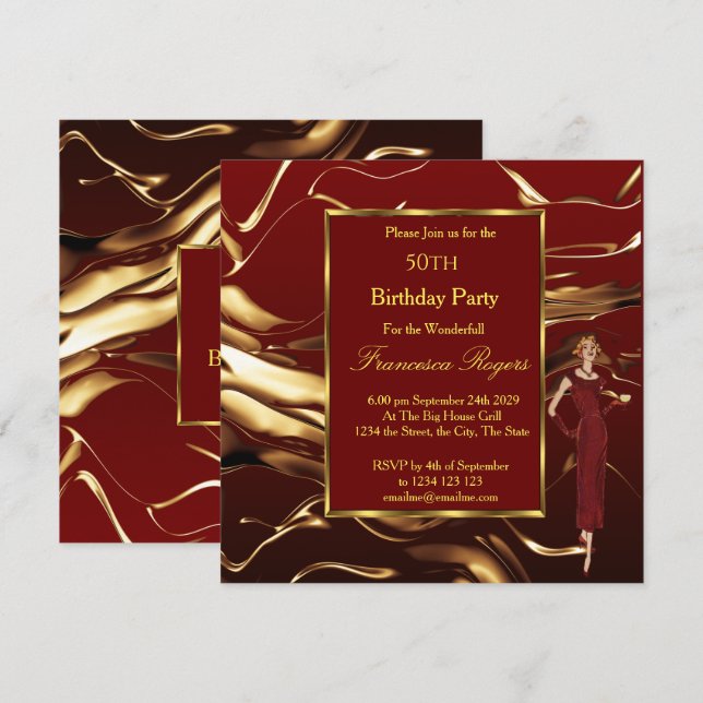 Beliebtes 50. Geburtstagsparty Gold Burgund Einladung (Vorne/Hinten)