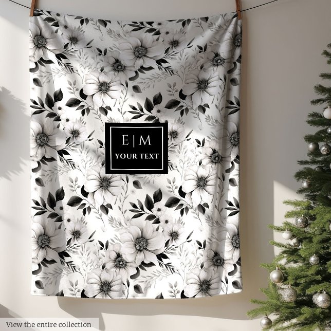 Beliebtes botanisches Deckengeschenk in Schwarz un Fleecedecke (Popular black and white botanical blanket gift)