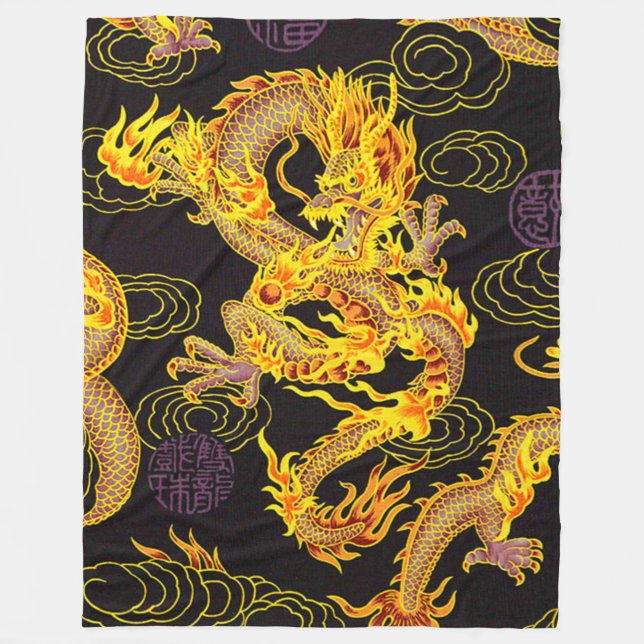 Beliebteste Golden Chinese Kaiser Dragon Fantasy Fleecedecke (Vorderseite)