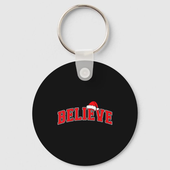 Believe Christmas Varsity Text With Santa Hat Fami Schlüsselanhänger (Vorderseite)