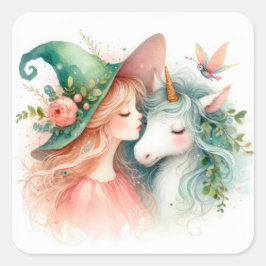 Believe in Magic Watercolor Witch Unicorn Dreams Quadratischer Aufkleber
