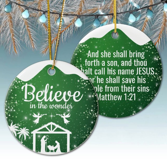 Believe in the wonder Manger Divine Passage ⛪️ 🎄 Keramik Ornament (Believe in the wonder, Religious Holiday Ceramic Ornament with green star sparkle, Nativity Scene ✞)