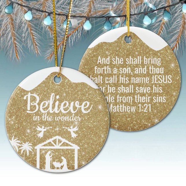 Believe in the wonder Manger Divine Passage ⛪️ 🎄 Keramik Ornament (Custom Believe in the wonder Religious Holiday Ceramic Ornament with golden sparkle Nativity Scene ✞)