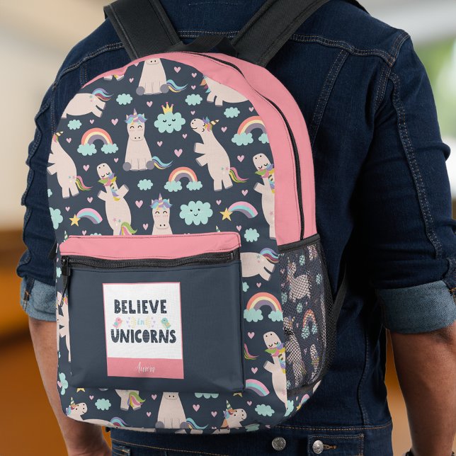 Believe in Unicorns Blue and Pink Girl Pattern Kid Bedruckter Rucksack (Von Creator hochgeladen)