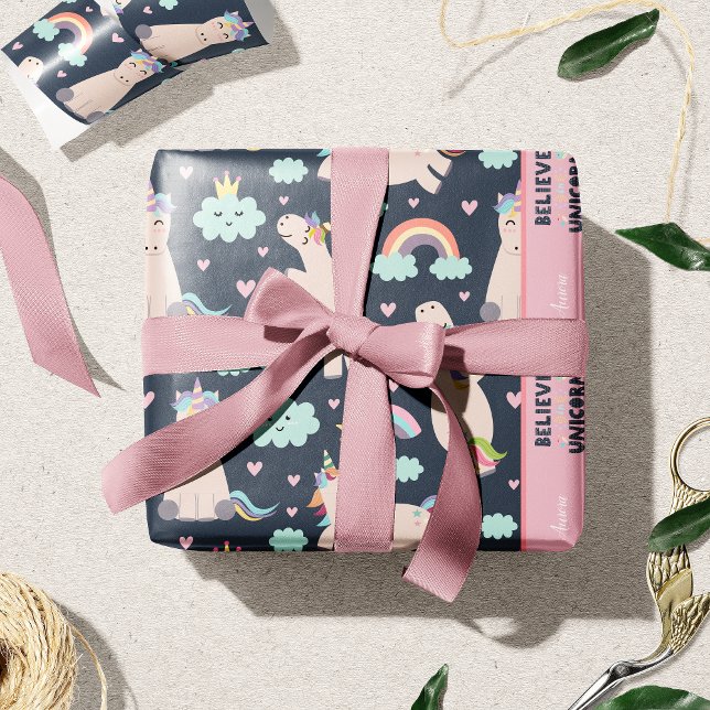 Believe in Unicorns Blue and Pink Girl Pattern Kid Geschenkpapier (Von Creator hochgeladen)