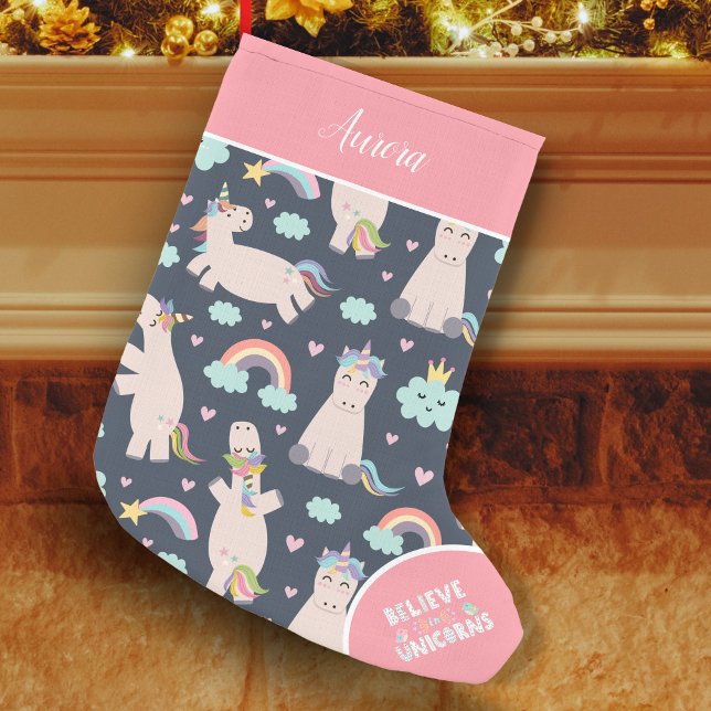 Believe in Unicorns Blue and Pink Girl Pattern Kid Kleiner Weihnachtsstrumpf (Von Creator hochgeladen)