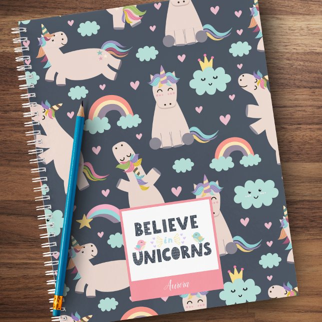 Believe in Unicorns Blue and Pink Girl Pattern Kid Notizbuch (Von Creator hochgeladen)