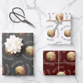 BELIEVE Jingle Bell Gray White Red Coordinated Geschenkpapier Set