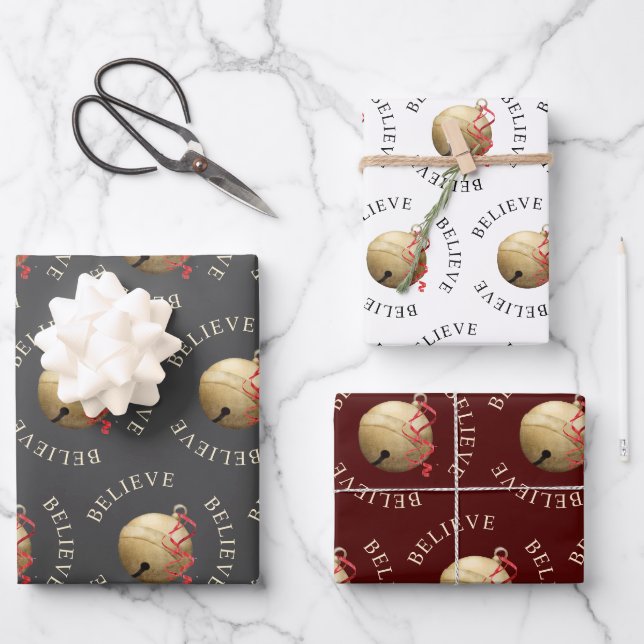 BELIEVE Jingle Bell Gray White Red Coordinated Geschenkpapier Set (Vorderseite)