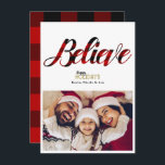 BELIEVE Karierte Weihnachtsfotokarte Einladung<br><div class="desc">Passen Sie sich mit Ihrem eigenen Foto und Text an.</div>