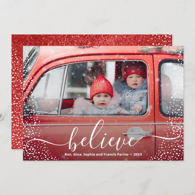 BELIEVE Script Snowflake Foto Feiertagskarte (Vorne/Hinten)