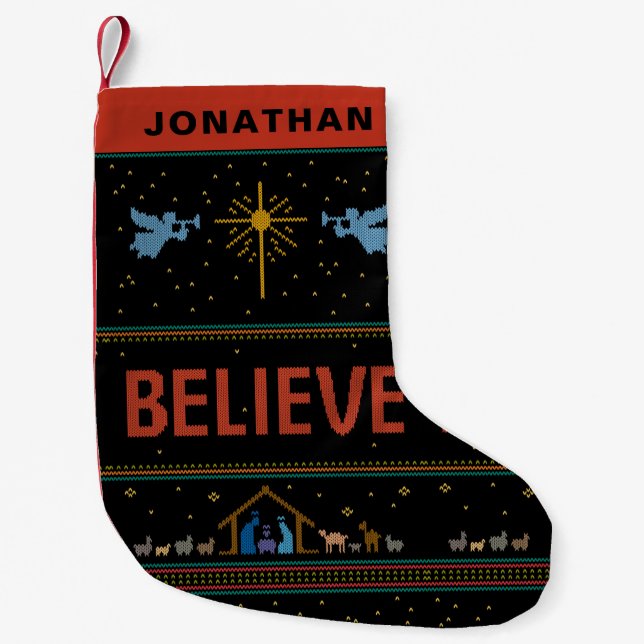 BELIEVE Ugly Christmas Sweater Religious Christlic Kleiner Weihnachtsstrumpf (Vorderseite)