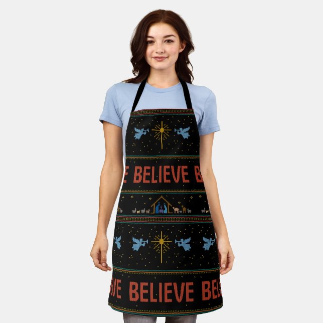 BELIEVE Ugly Christmas Sweater Religious Christlic Schürze (Getragen)