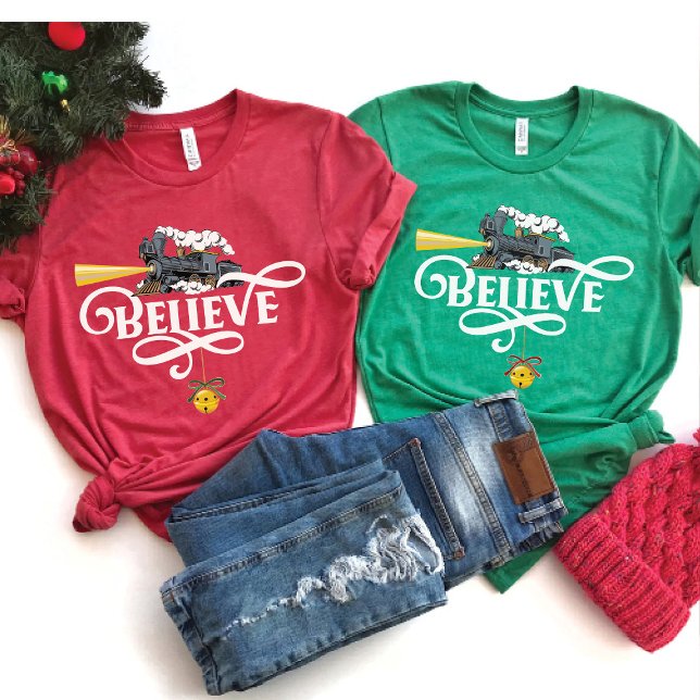 BELIEVE Weihnachts-Express-Zug Matching Family Dk T-Shirt (Red & Green, gold, Believe swirl script Christmas Express Train T-shirt, North Polar, Santa, sweater)