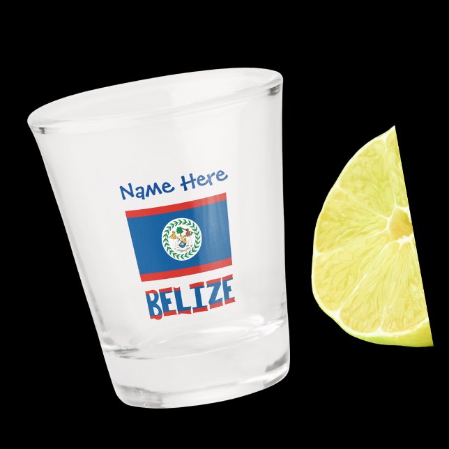 Belize Belizean Flag Blue Personalisierung Schnapsglas (Belizean Flag on shot glass has the word BELIZE below in flag colors. Add name above in blue text.)