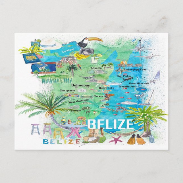 Belize Caribbean Illustriert Travel Map mit Straße Postkarte (Vorderseite)