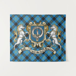 Bell Clan Abzeichen & Unicorns mit Tartan Wandteppich