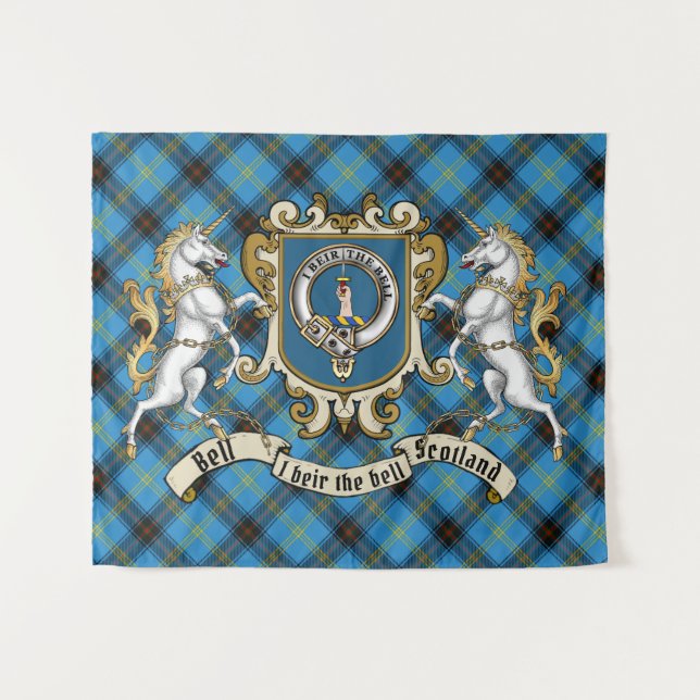 Bell Clan Abzeichen & Unicorns mit Tartan Wandteppich (Vorderseite (Horizontal))