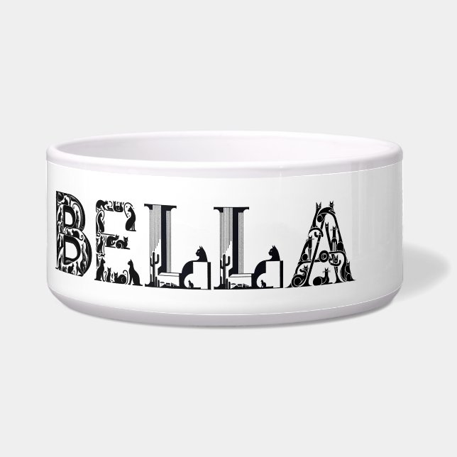 Bella Cat Name geschrieben in Cat Schriftart Napf (Vorderseite)