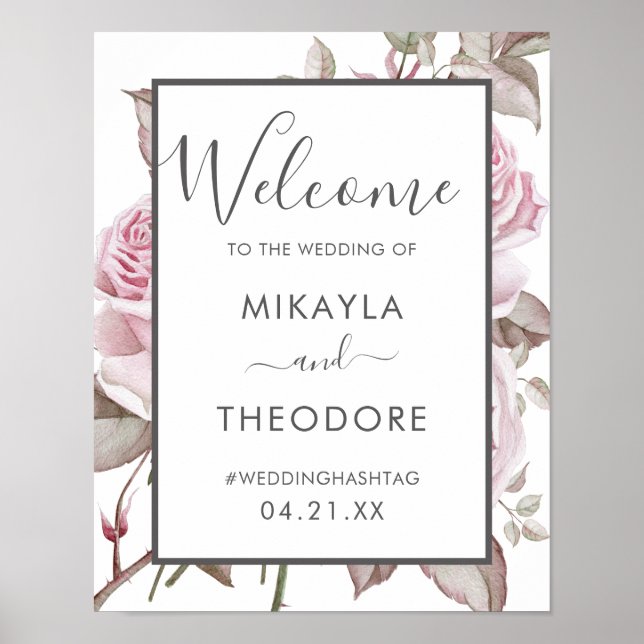 Belle Affiche de bienvenue Mariage Roses Rose (Devant)