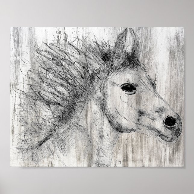 Belle affiche de croquis de Cheval noir et blanc (Devant)