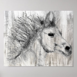 Belle affiche de croquis de Cheval noir et blanc