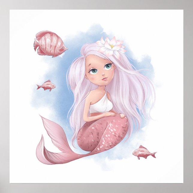 Belle affiche de sirène avec poissons (Devant)