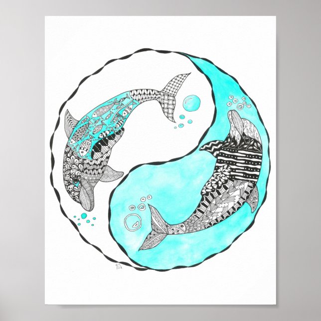 Belle affiche des dauphins Yin et Yang 8" x 10" (Devant)