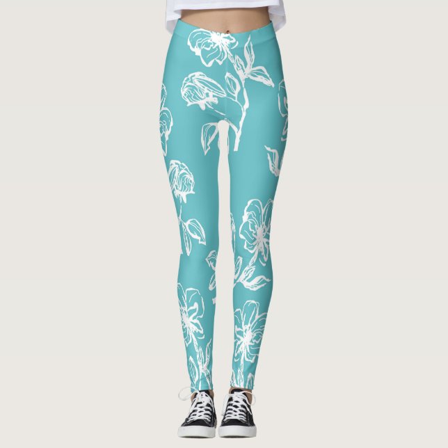 Belle Aqua Blue Leggings Floraux (Devant)